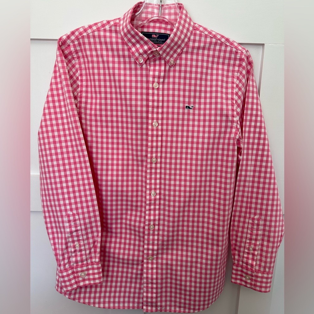 Vineyard Vines - Boys 12-14 Pink Gingham Whale Shirt. 100% Cotton Poplin.